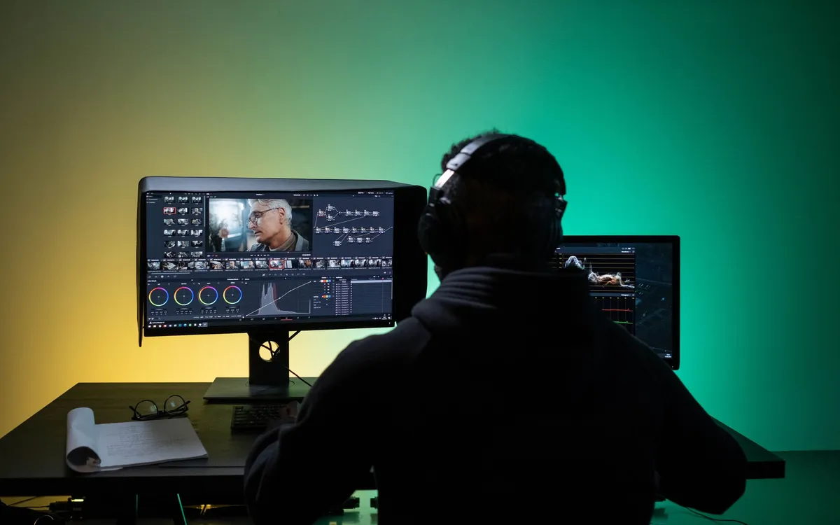 An editor at work in a dark studio